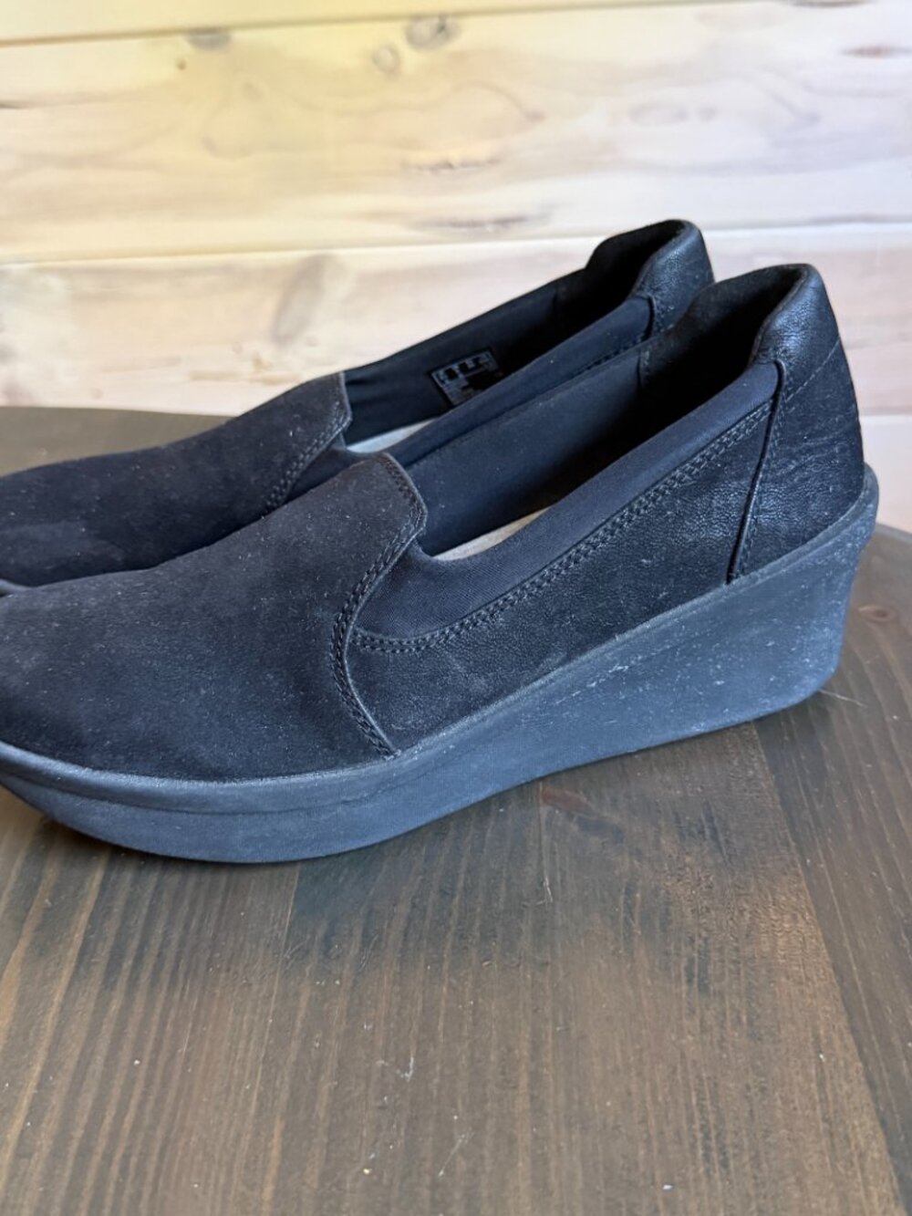 CLARKS Cloudsteppers "Step Rose Moon" Sz 8M Black Platform Loafers Black